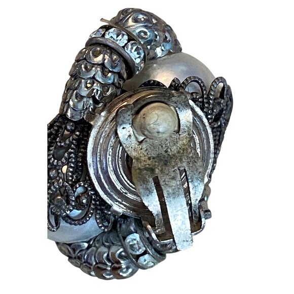Vintage Napier Silver Tone Clip-On Earrings With Faux Pearls & Rhinestones - Picture 6 of 10